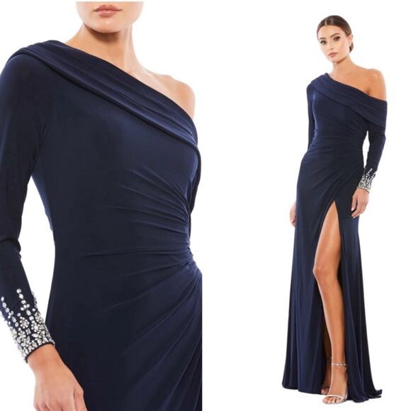 NWT MAC DUGGAL 12231 Midnight Beaded Cuff Drop Shoulder Faux Wrap Gown Women’s - Picture 1 of 12